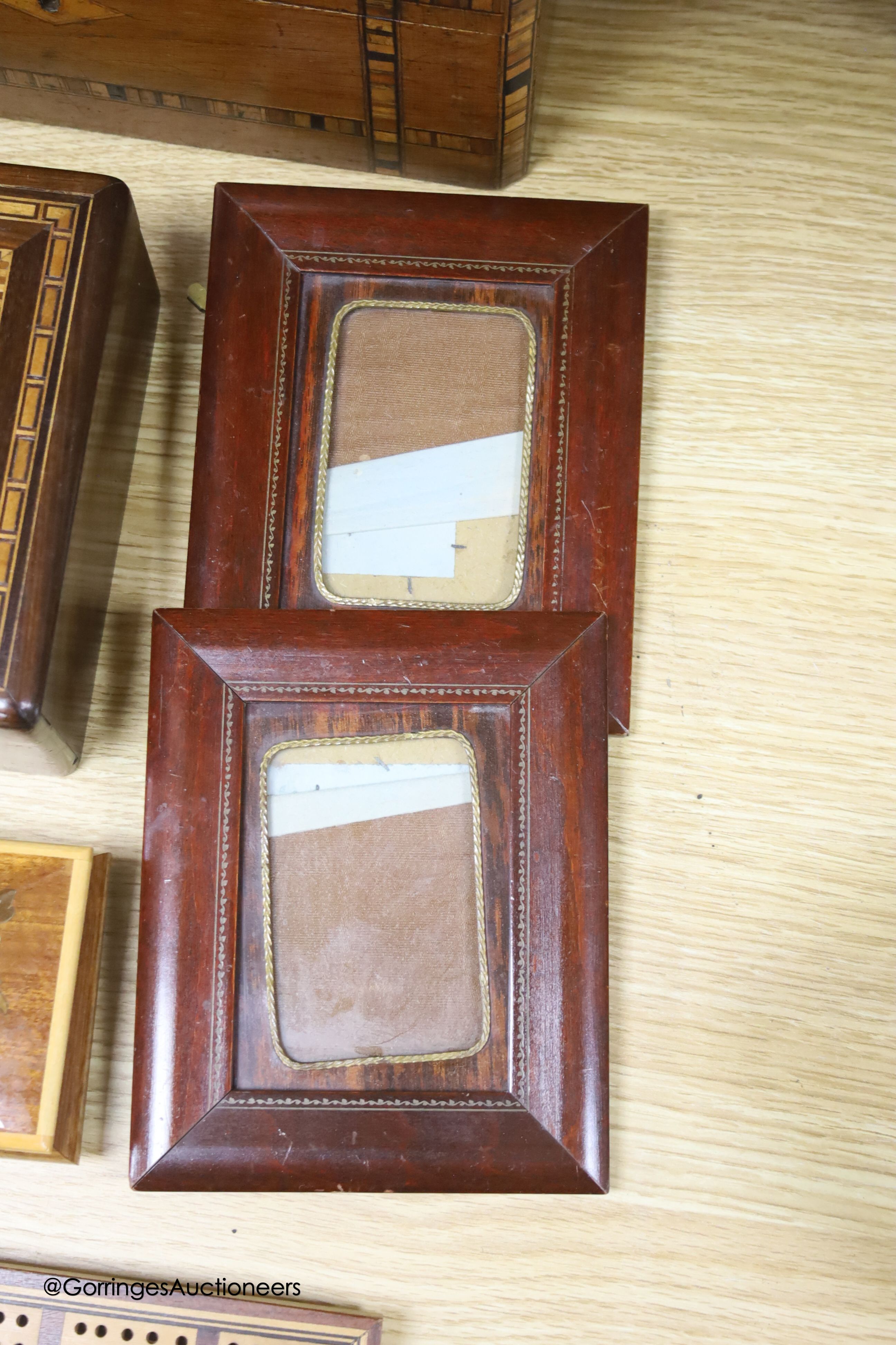 An inlaid writing slope, photo frames, boxes etc